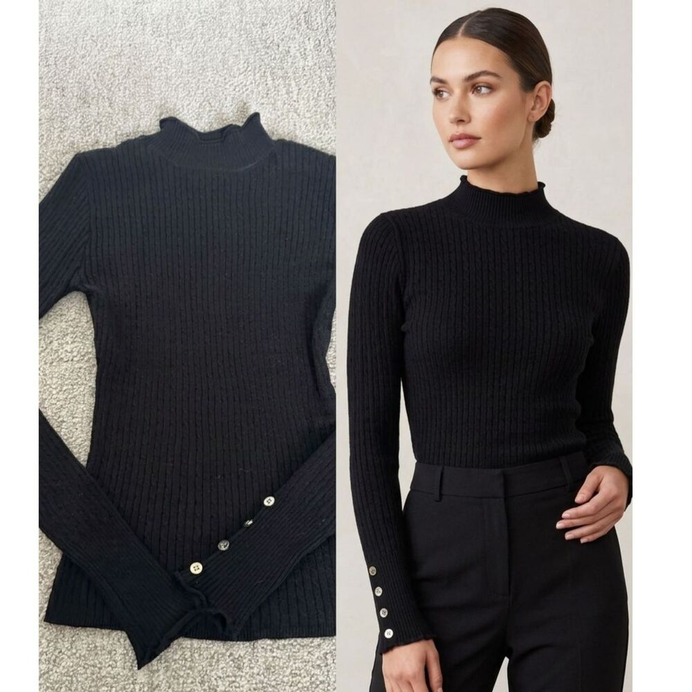 Love Tree Black Mock Neck Cable Knit Sweater Top Button Cuff Detail Size S